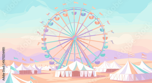 Vibrant carnival scene with Ferris wheel and tents under a pastel sky