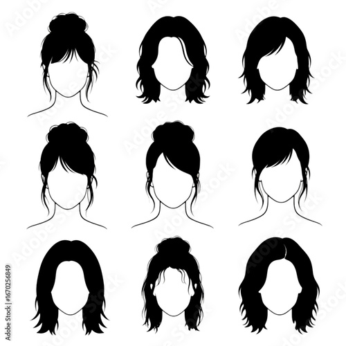 Various hairstyles of women in silhouette.