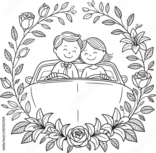 Romantic Getaway Illustration: A charming, hand-drawn illustration captures a tender moment of a couple, joyfully riding in a classic car amidst a frame of blooming flowers.