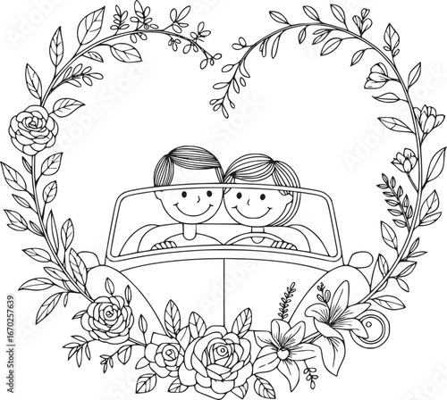 Love's Journey: A charming illustration depicts a happy couple in a vintage car surrounded by a floral heart-shaped frame, symbolizing love's adventure and commitment.