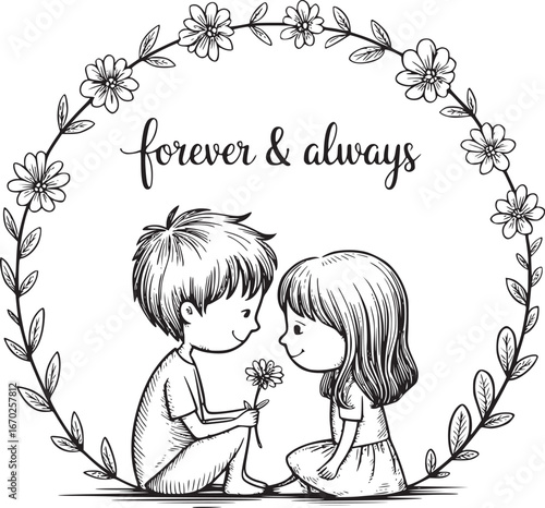 Love's Eternal Promise: An adorable sketch of a boy presenting a flower to a girl within a delicate floral frame, a timeless declaration of 'forever & always'. 