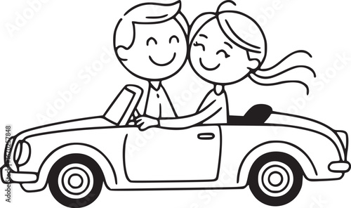 Couple in a convertible: A cartoon depiction of a happy couple enjoying a drive in a classic convertible car, capturing the essence of love and freedom. 