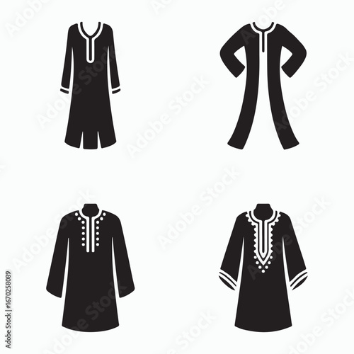 Four black traditional islamic clothing icons isolated on white background