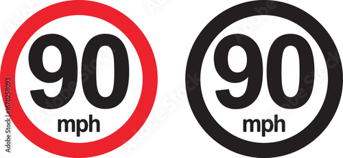 speed limit, 90 mph, traffic sign, road sign, regulation, restriction, transportation, driving, information, symbol, circular, black, red, white background, mph, speed, maximum speed, highway, road, t