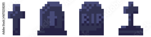 Tombstone pixel art for halloween creepy game. Gravestone with rip sign for cemetery. Vintage 8bit death cartoon style mosaic print with burial cross. Dark graveyard funeral logo, scary symbol.
