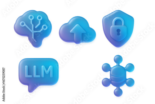 Liquid glass neon AI 3D rendering icon set on transparent background, translucent gel bubble brain circuit, LLM chat bubble, shield lock, cloud GPU and database nodes for UI UX dashboards