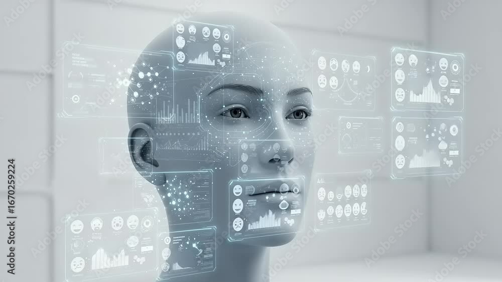 Futuristic humanoid interface with data visualization