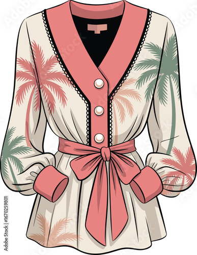 Elegant tropical palm print women’s blouse with coral trim, pearl buttons, waist bow, long sleeves, summer resortwear fashion illustration
