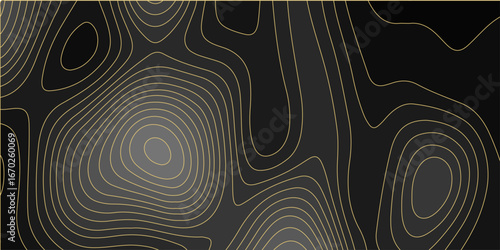 Abstract golden black background with Topographic line map pattern. abstract wavy and curved lines background. linear map. Dark seamless design. Bold tile able isolines pattern. Vector illustration.