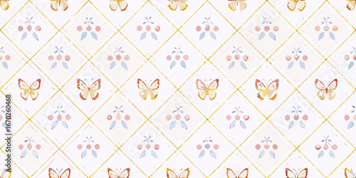 Charming vintage wallpaper pattern with delicate butterflies and floral motifs in pastel colors