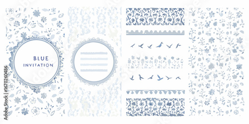 Collection of blue floral patterns and bird motifs for invitations and stationery design