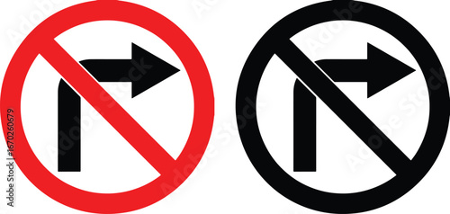 no right turn, traffic sign, prohibition, forbidden, restricted, warning, symbol, icon, red circle, black circle, diagonal line, arrow, right turn, road sign, transportation, regulation, restriction, 
