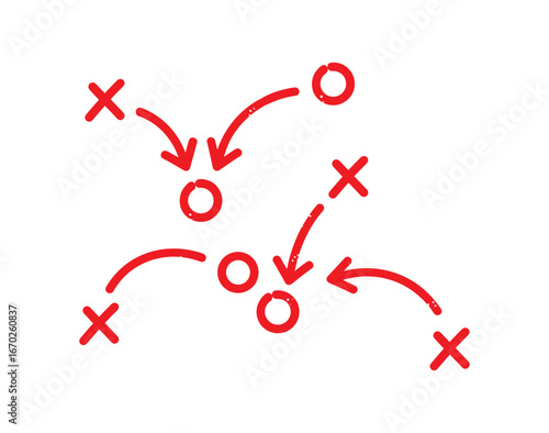 Red Sport Play Diagram, Tactic Scheme Design, Arrows, Xs and Os on White Background, Strategy Vector Illustration.