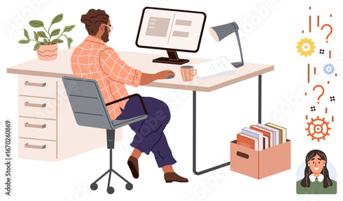 Person at desk with computer, coffee, and books, contemplating abstract problem with gears and question marks. Ideal for creativity, problem-solving, work productivity, brainstorming, innovation