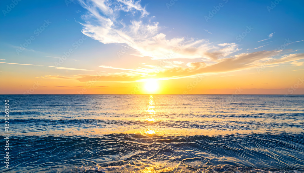 Obraz premium Peaceful golden sunset over ocean with sun on horizon. Calm sea water reflecting beautiful light under blue sky with soft clouds creates serene landscape