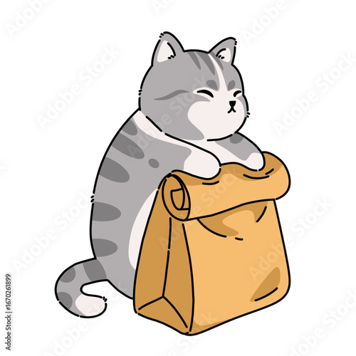 Cartoon cat holding paper bag vector illustration art.
