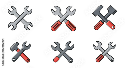 Crossed Wrenches and Hammer Screwdriver Set Construction Repair and Maintenance Tools