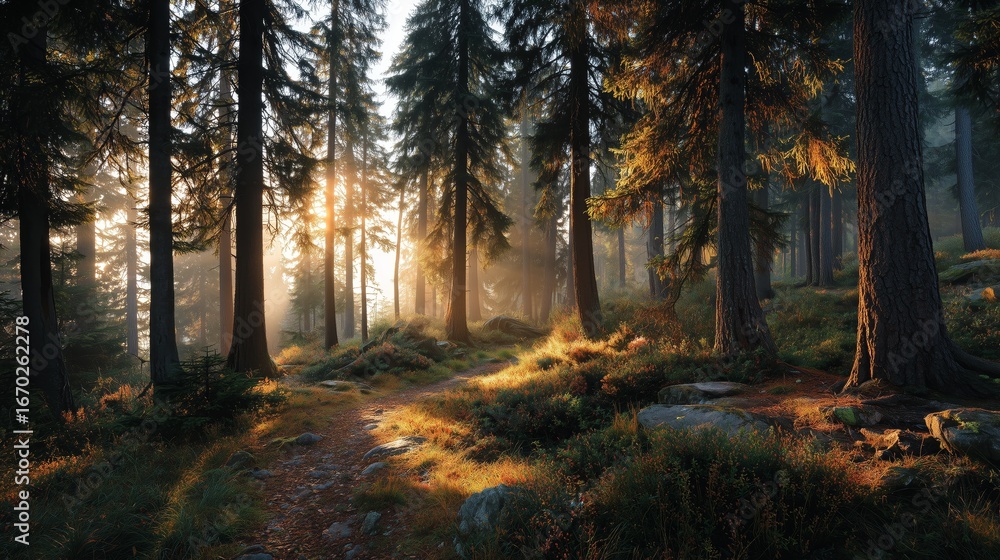 Fototapeta premium Mystical Forest Pathway Splitting into Two with Golden Morning Light