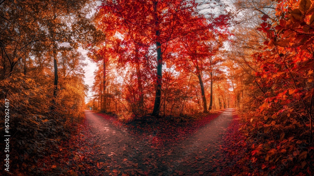 Fototapeta premium Scenic Autumn Forest Pathway Splitting into Two with Vibrant Foliage