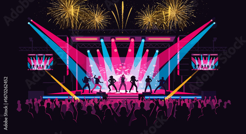 Energetic Live Music Performance on a Vibrant Stage with Crowd