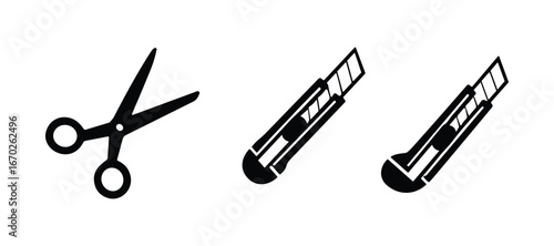 Scissors and Retractable Cutter Knife Set, Black Silhouette Icons, Stationery Items, Vector Illustration