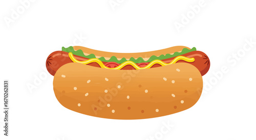 Hot Dog with Mustard and Lettuce Delicious Fast Food Illustration