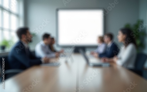 Office blur meeting room blurred background of blurry boardroom presentation with work desk for business discussion, corporate conference, enterprise seminar.Suitable for corporate and business themes
