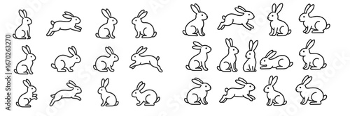Grouping of various rabbit illustrations showcasing multiple poses and activities in a playful style
