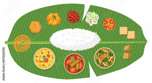 An Illustrative Depiction of a Traditional South Indian Vegetarian Meal Served on a Banana Leaf