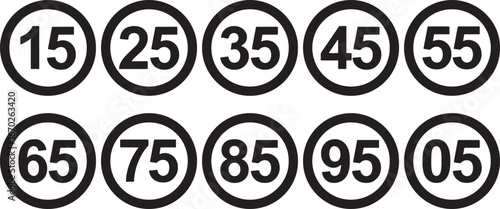 speed limit, numbers, 15, 25, 35, 45, 55, 65, 75, 85, 95, 05, traffic signs, road signs, speed, limit, regulation, restriction, circular signs, black circles, white numbers, transportation, driving, a