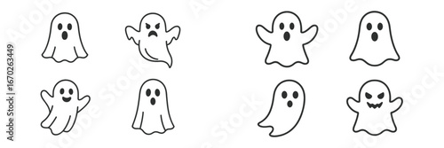 Variety of cartoon ghost characters showcasing different emotions and expressions for Halloween decorations and themed events
