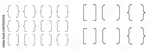 Different styles of brackets and braces arranged in lines on a white background for design purposes