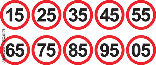 speed limit, numbers, 15, 25, 35, 45, 55, 65, 75, 85, 95, 05, traffic signs, road signs, speed, limit, regulation, restriction, circular signs, red circles, white numbers, transportation, driving, aut
