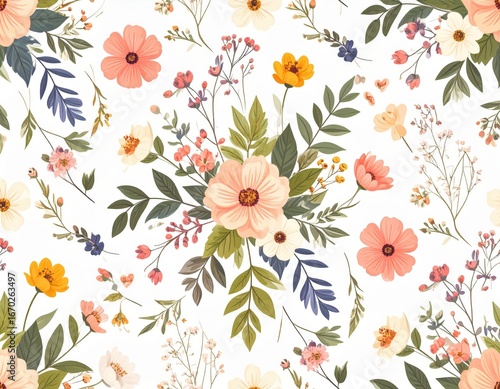 Wallpaper Mural Scattered Peach Cosmos and Cream Anemones in a Delicate Seamless Floral Pattern. Torontodigital.ca
