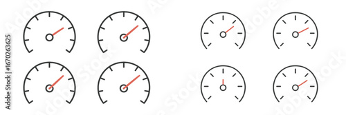 Various gauge designs showcasing speedometer and fuel gauge readings in a simplified style