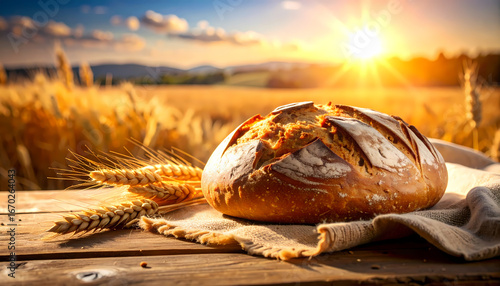 Warm rustic loaf of fresh bread on farm table. beautiful golden sunset over bountiful wheat field evokes peaceful feeling of wholesome harvest and baking