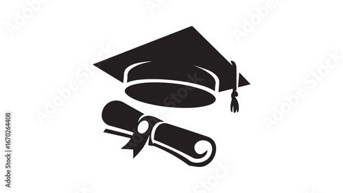 Black graduation cap diploma icon. Graduation cap and diploma web icon. Black student hat vector illustration.