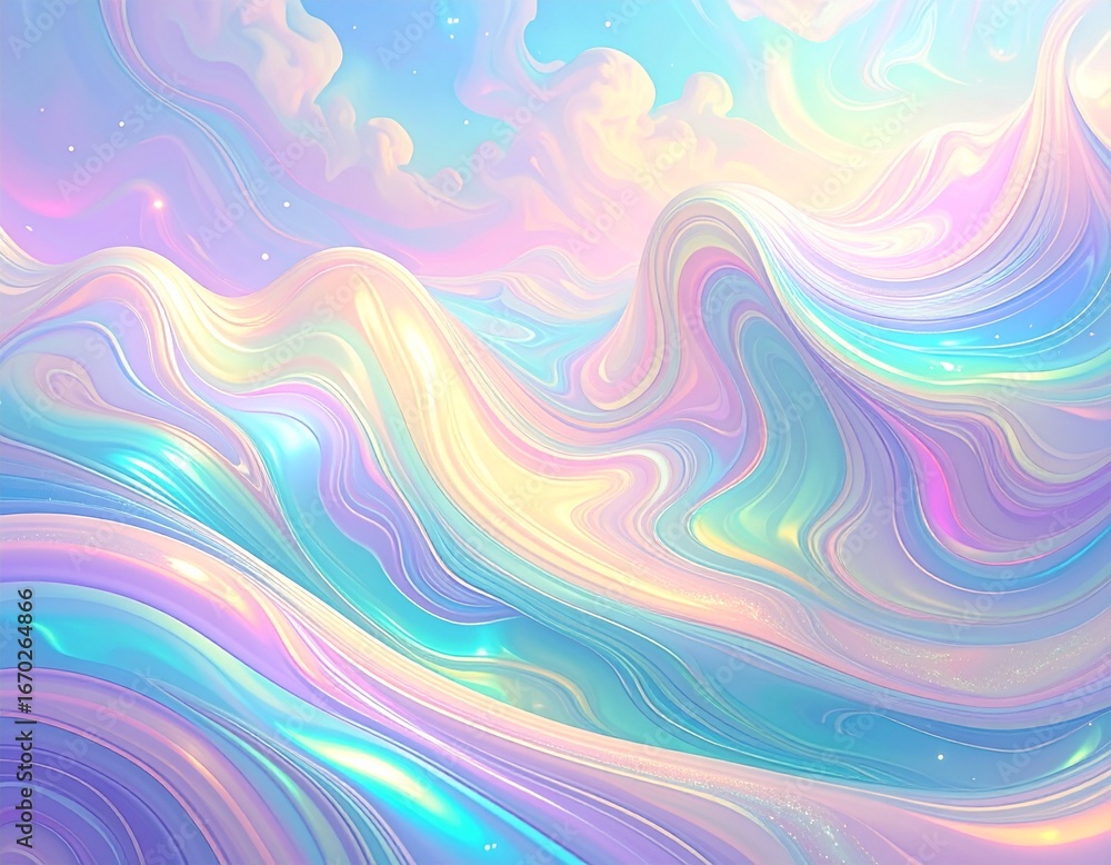 Obraz premium Abstract pastel landscape with swirling iridescent waves, a dreamy digital art composition in soft, light colors against a clear background.