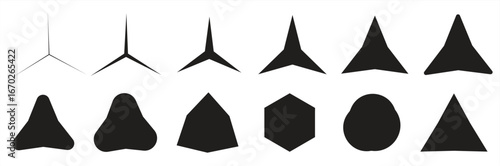 Collection of abstract geometric shapes with six points or arms evolving into solid geometric forms and triangles showcasing symmetry and design elements