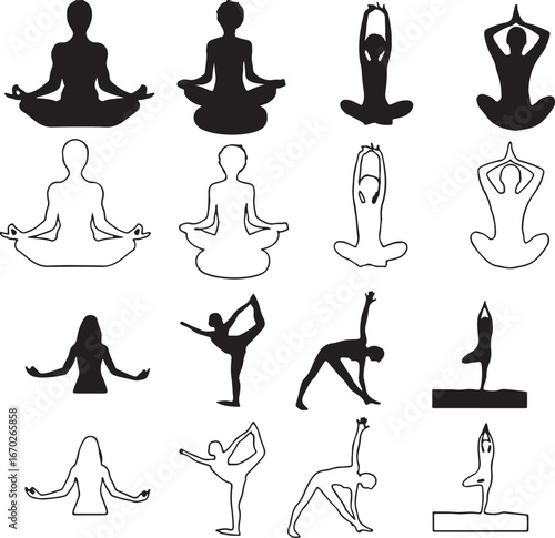 yoga, meditation, exercise, fitness, health, wellness, silhouette, outline, pose, asana, lotus, stretch, balance, flexibility, strength, calm, peace, body, human, woman, man, practice, relaxation, spi