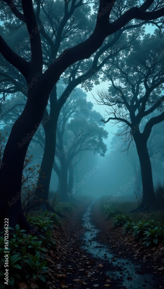 Fototapeta premium Pitch black canopy, twisted branches, uneven ground, wild, black, undergrowth