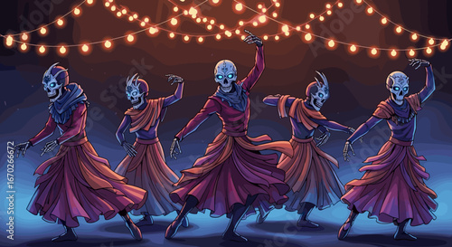 Dancing Skeletons Under String Lights Festive Celebration