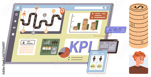 Interactive dashboard with charts, graphs, data metrics, and KPI indicators. Features financial growth, demographic analysis, and project mapping. Ideal for strategy, analytics reporting finance