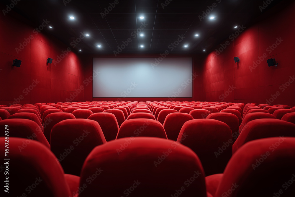 Fototapeta premium A movie theater with red seats and a large screen