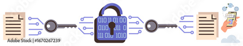 Digital files secured with encryption key and binary-coded lock. Ideal for cybersecurity, data protection, secure file sharing, encryption, online privacy, secure communication, simple flat metaphor