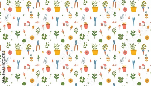 Charming HandDrawn Gardeners Medley Seamless Pattern with Flora and Tools.