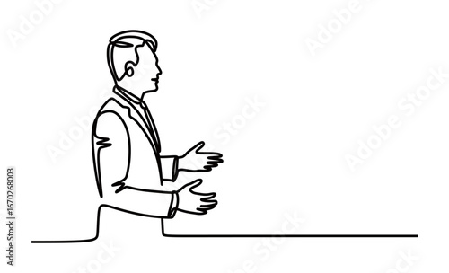 Continuous line art of a man in a business suit talking to himself. Public speaking practice concept. Vector illustration.