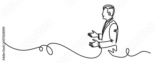 Continuous line art of a man in a business suit talking to himself. Public speaking practice concept. Vector illustration.