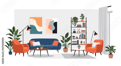 A comfortable living room with two orange armchairs blue sofa and a bookcase filled with plants