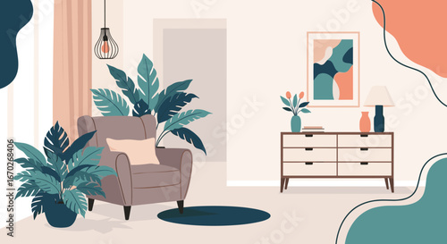 Cozy living room design with lush green plants and modern furniture elements